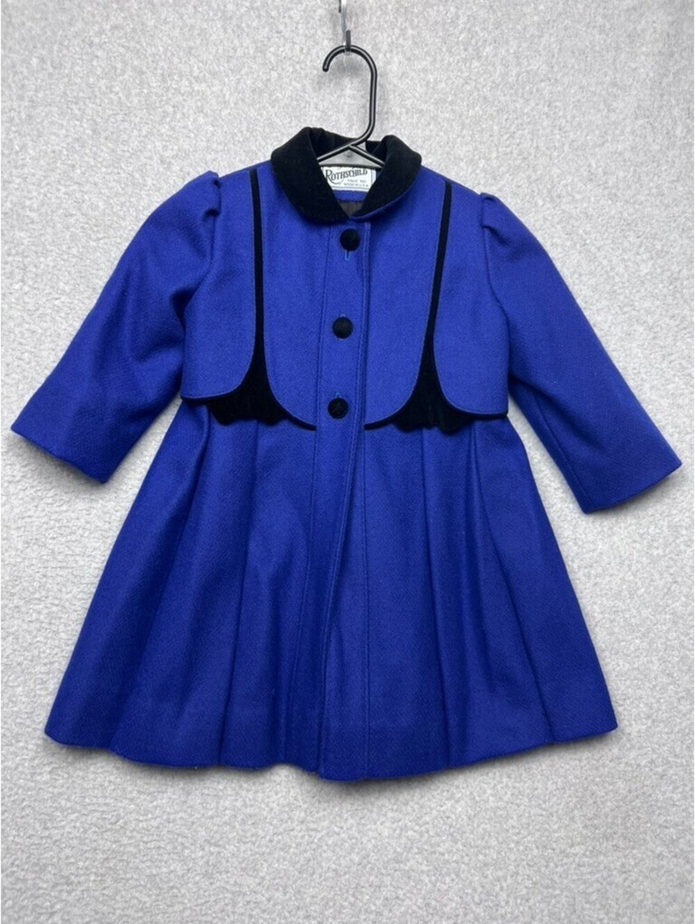 VTG ROTHSCHILD Wool Blend Coat Girls Size 4 Blue Princess Swing Velvet Trim USA